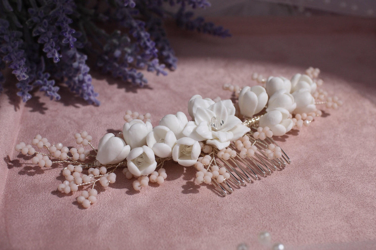 White Porcelain Flower Bridal Comb, Silver Wedding Hair Piece, 6 Inch