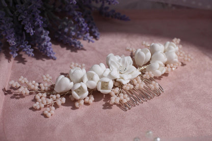 White Porcelain Flower Bridal Comb, Silver Wedding Hair Piece, 6 Inch