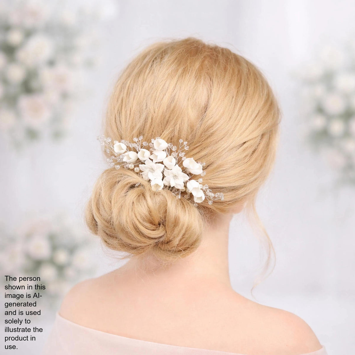 A woman with blonde hair styled in a bun, wearing a flower hair accessory.