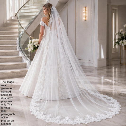 A bride in a white wedding dress with a long veil stands in a hallway with a staircase, holding a bouquet of flowers.