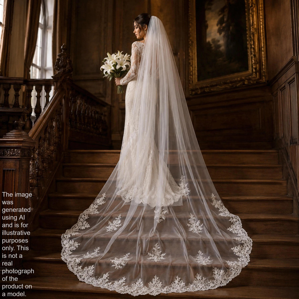 A bride in a white lace wedding dress stands on a wooden staircase, holding a bouquet of white flowers and wearing a long white veil with a floral pattern.