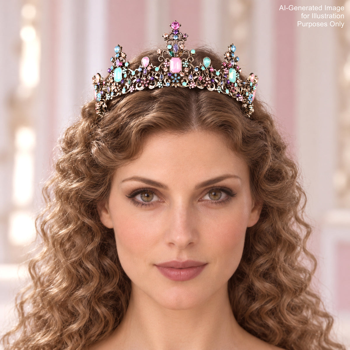 A woman with curly hair wearing a decorative tiara with colorful gemstones.