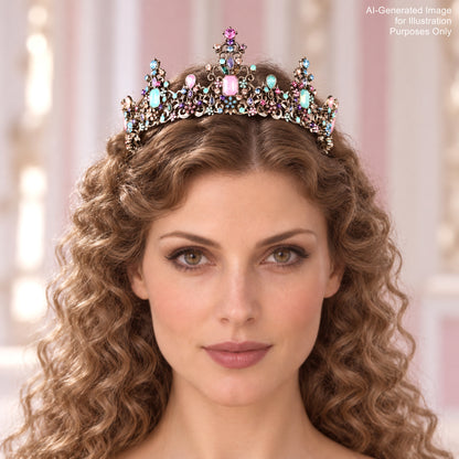 A woman with curly hair wearing a decorative tiara with colorful gemstones.