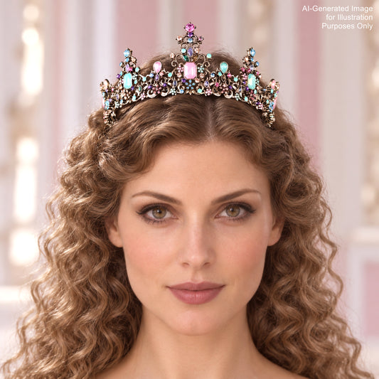 A woman with curly hair wearing a decorative tiara with colorful gemstones.