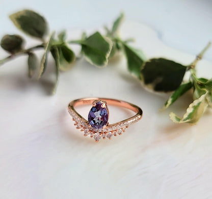 Teardrop Alexandrite Engagement Ring: Rose Gold Plated Sterling Silver