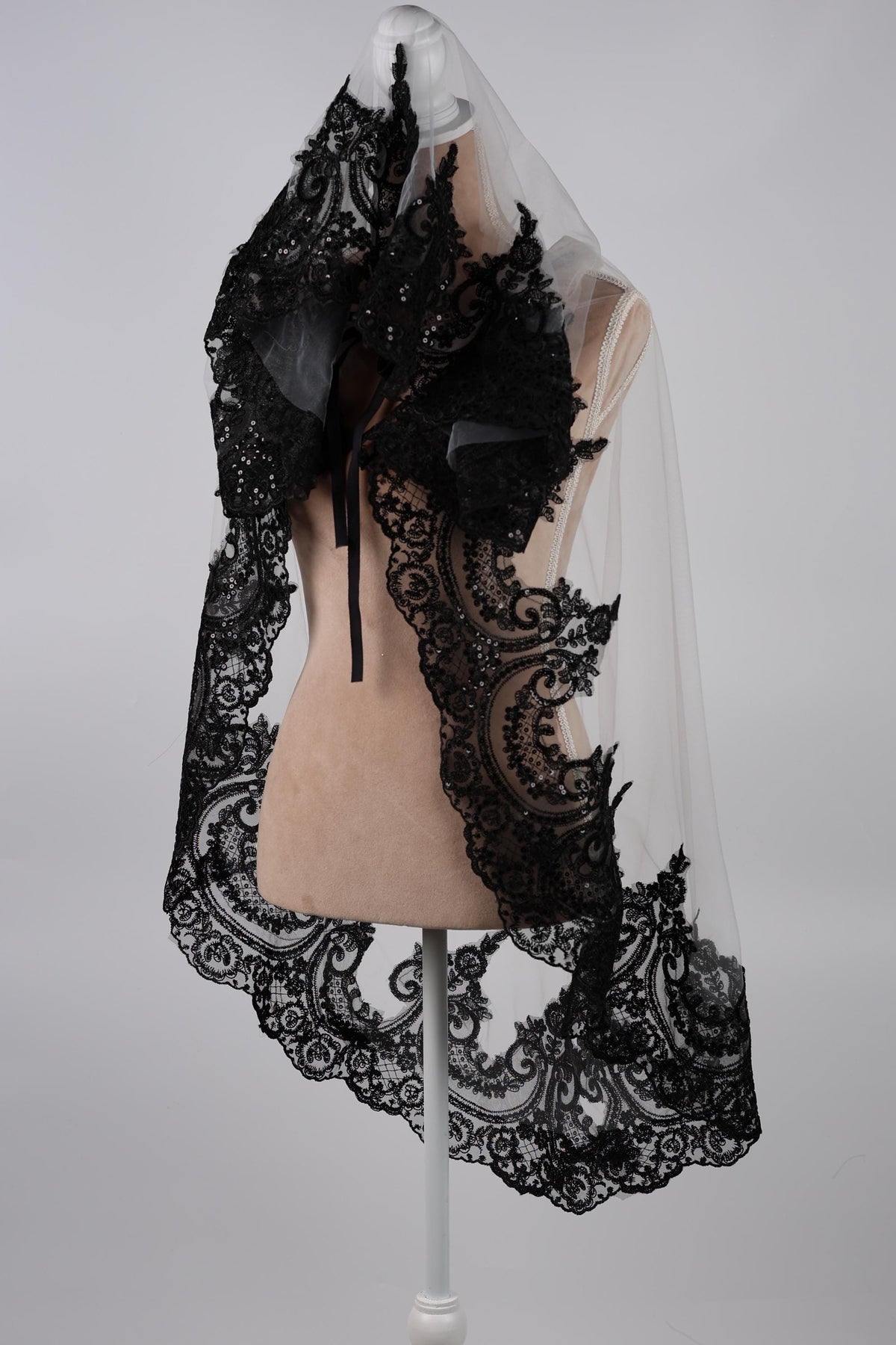 Bridal Cape White with Black Lace Trim, 60 Inch