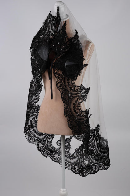 Bridal Cape White with Black Lace Trim, 60 Inch