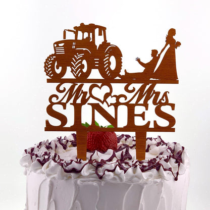 Tractor Wedding Cake Topper: Bride Dragging Groom, Country Anniversary