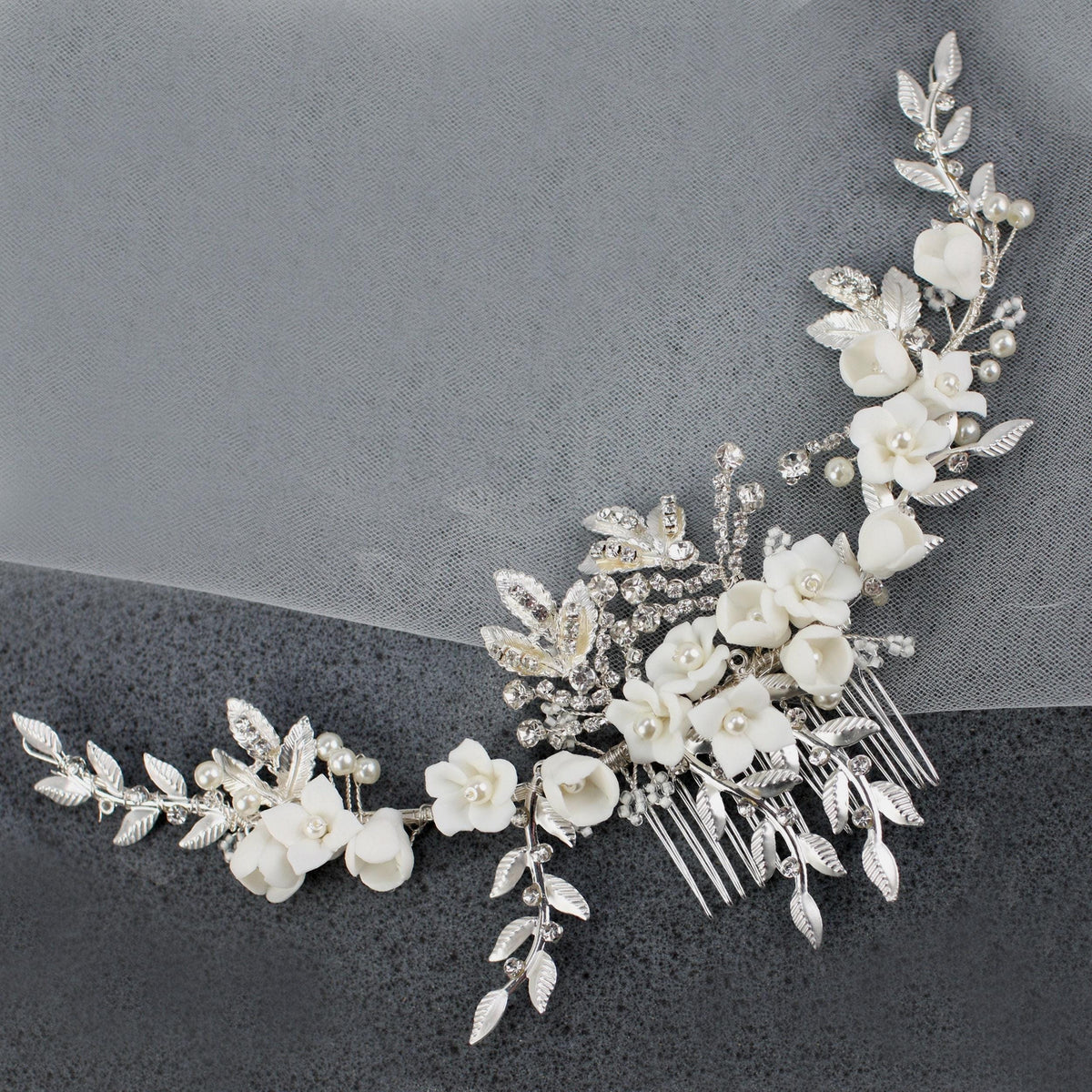 White Porcelain Flower Bridal Comb, Silver Wedding Hair Piece, 6 Inch