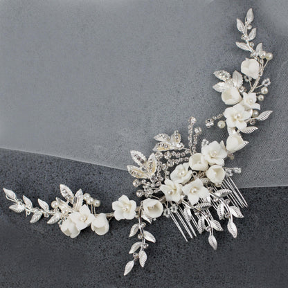 White Porcelain Flower Bridal Comb, Silver Wedding Hair Piece, 6 Inch