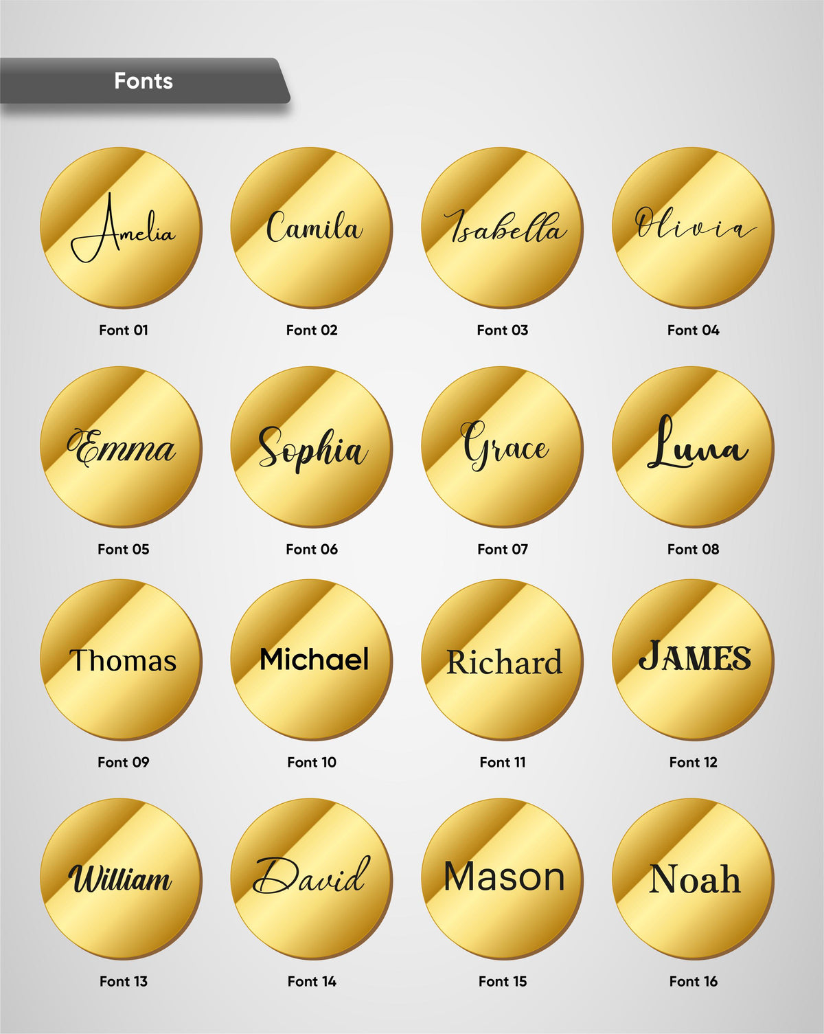 a collection of 16 different font names, each with a unique design and color, arranged in a grid format. The fonts include "Amelia", "Camila", "Isabella", "Olivia", "Emma", "Sophia", "Grace", "Luna", "Thomas", "Michael", "Richard", "James", "William", "David", and "Mason" among others.