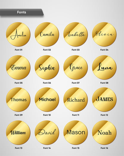 a collection of 16 different font names, each with a unique design and color, arranged in a grid format. The fonts include "Amelia", "Camila", "Isabella", "Olivia", "Emma", "Sophia", "Grace", "Luna", "Thomas", "Michael", "Richard", "James", "William", "David", and "Mason" among others.