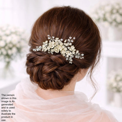 a woman's back view with her hair styled in a bun, adorned with a decorative hair accessory featuring white flowers.