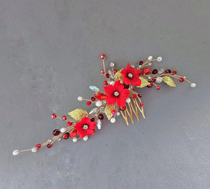 Red Floral Wedding Hair Comb. Elegant Bridal or Prom Hairpiece. Handmade Wedding Accessory for Brides & Bridesmaids