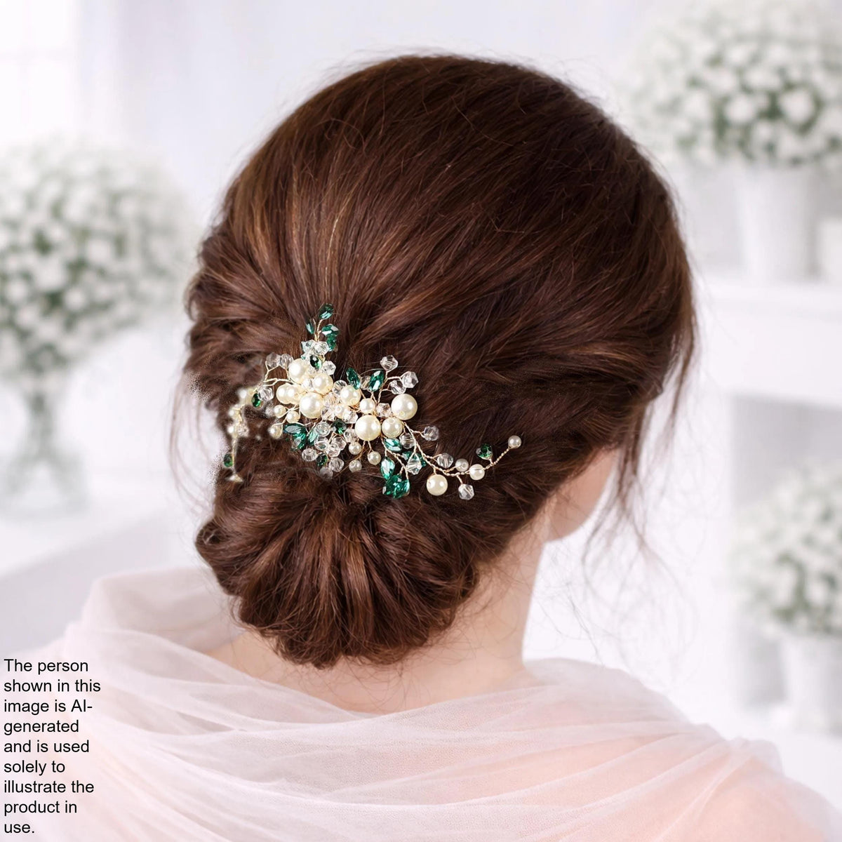 a woman's back view with her hair styled in a bun, adorned with a decorative hair accessory featuring white flowers and green leaves.