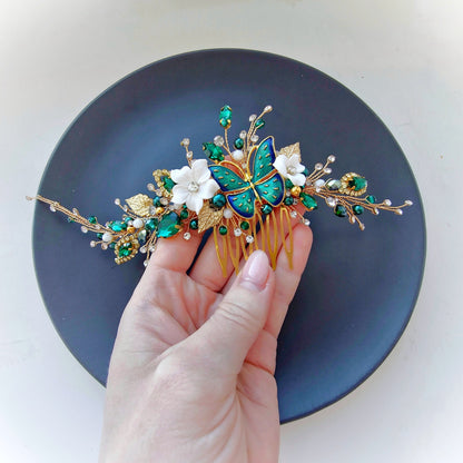 Gold Emerald Butterfly Wedding Hair Comb, Crystal Flower Bridal Accessory, 7 Inch