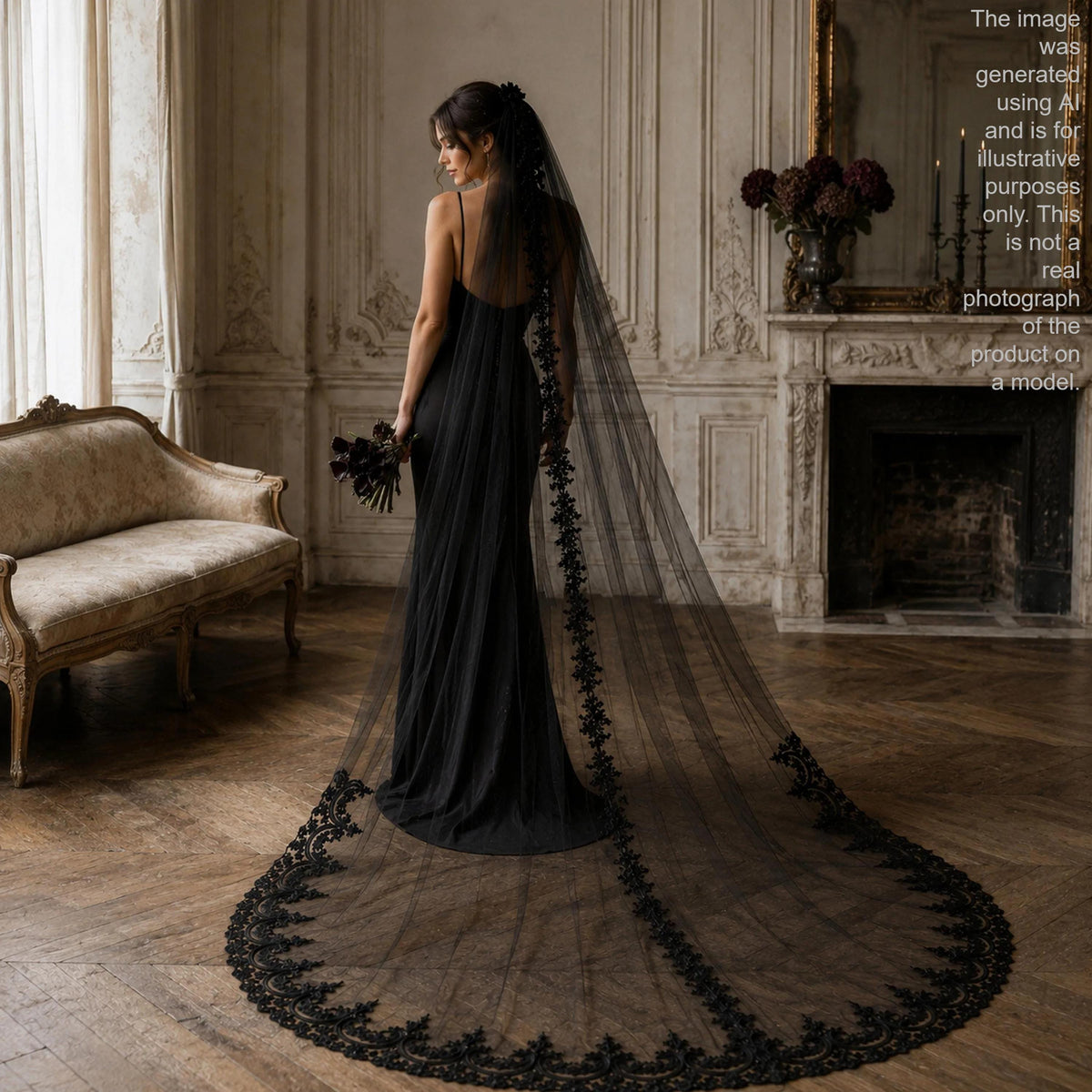 A woman in a long black dress with a long black veil stands in a room with a fireplace and a couch.