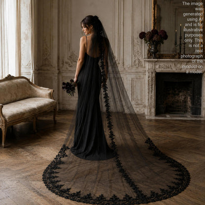A woman in a long black dress with a long black veil stands in a room with a fireplace and a couch.