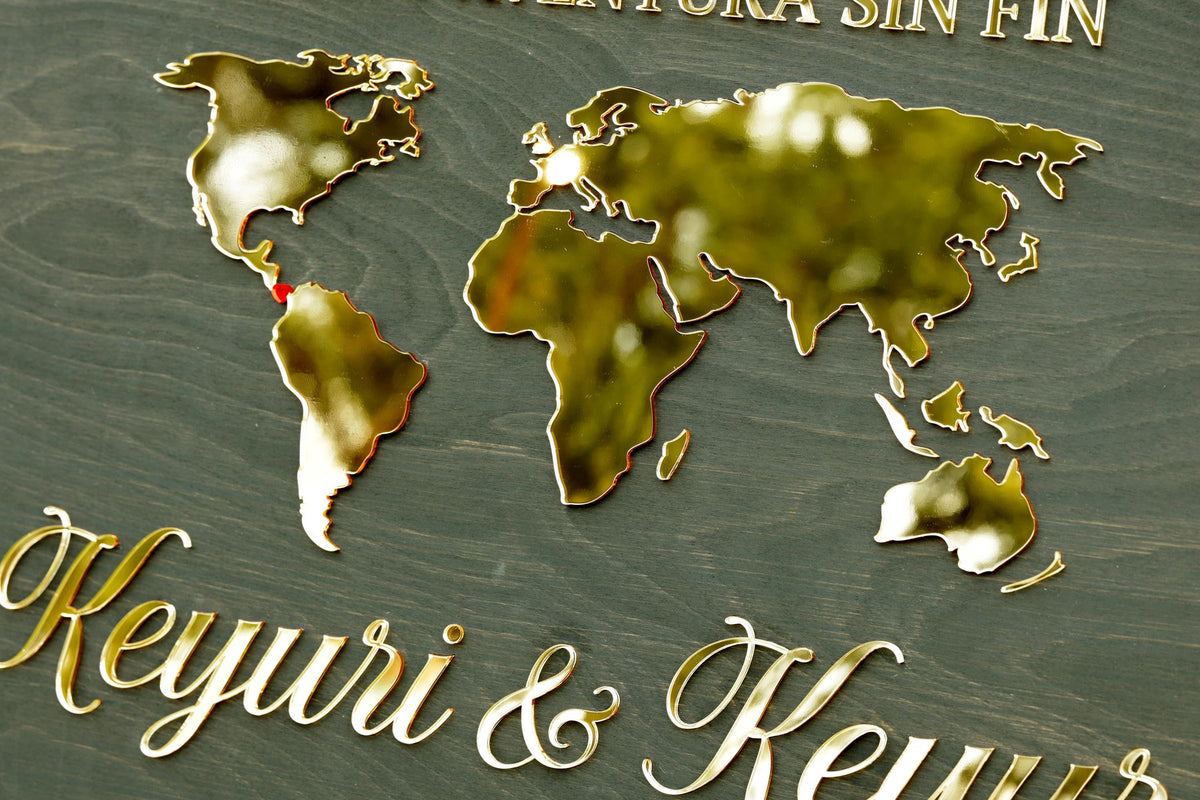 a close-up view of a world map with a golden-colored background.