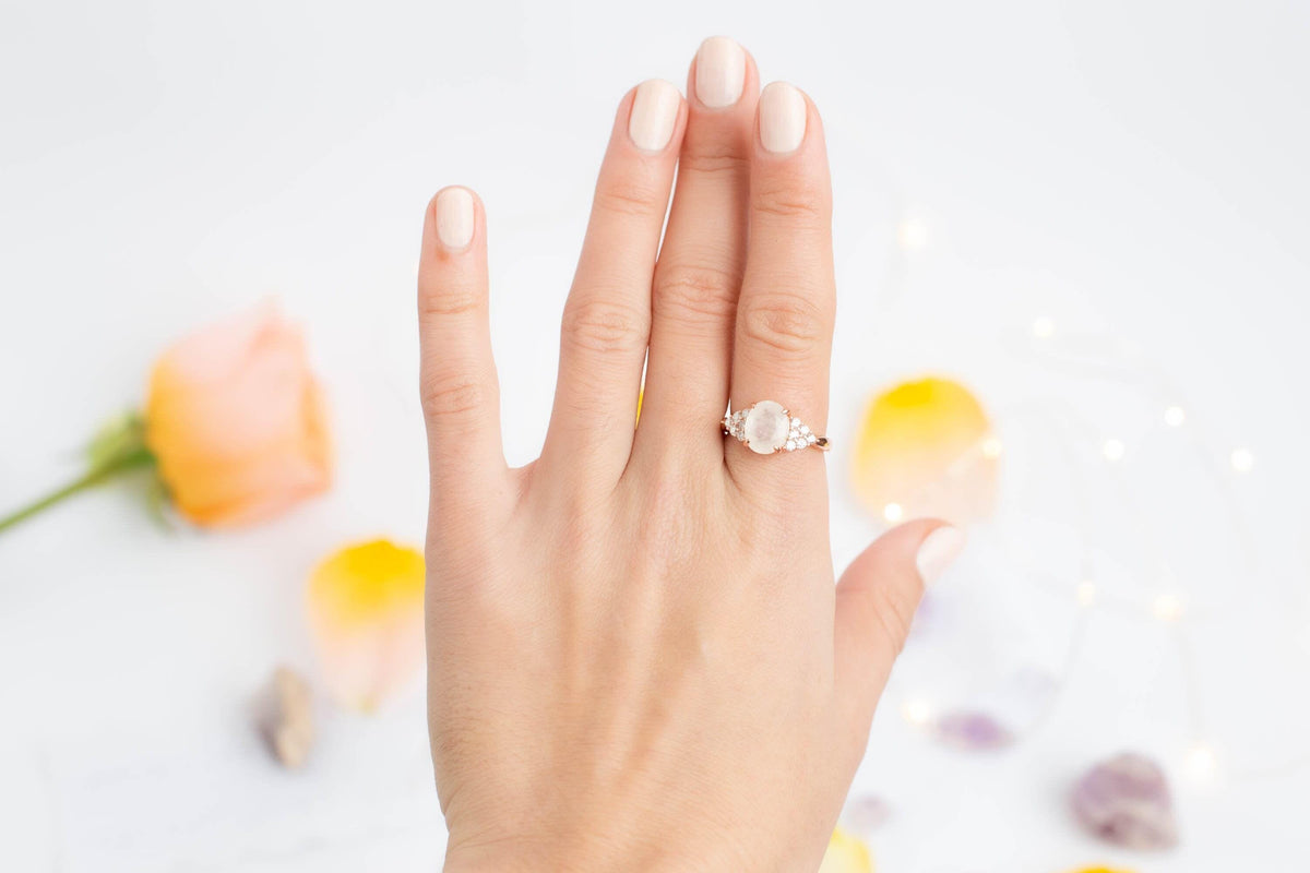 Oval engagement ring, Rainbow stone band, wedding moonstone jewelry, romantic anniversary present