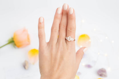 Oval engagement ring, Rainbow stone band, wedding moonstone jewelry, romantic anniversary present
