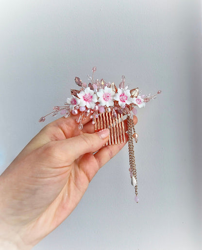 Rose Gold Cherry Blossom Hair Comb, Bridal Prom Accessory