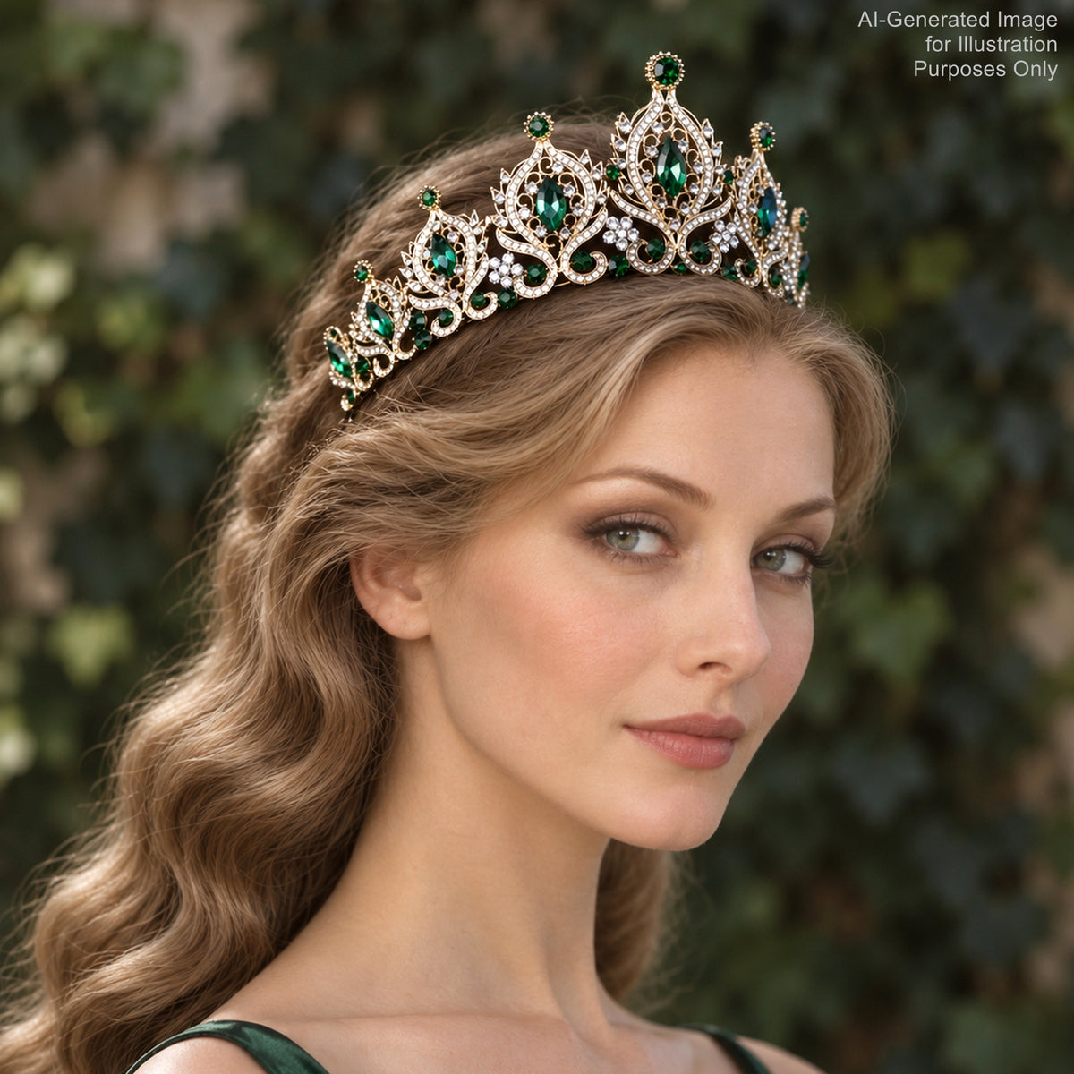 A woman with long, wavy blonde hair wearing a large, ornate green and gold crown-like headpiece.