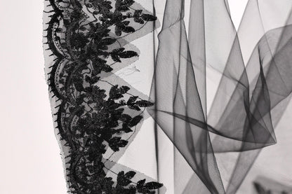 a close-up view of a delicate black lace trim with intricate floral patterns.