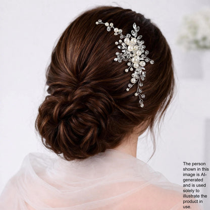 a woman's back view with her hair styled in a bun, adorned with a decorative hair accessory featuring small pearls and crystals.