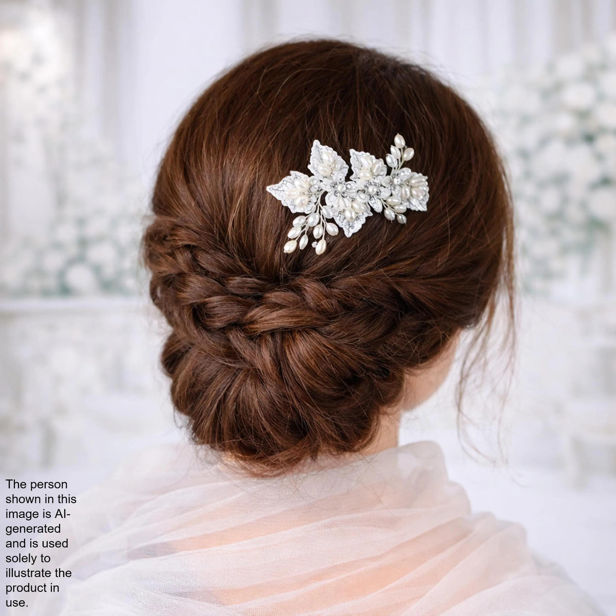 a woman's back view with her hair styled in a braided updo, adorned with a decorative hair accessory featuring white flowers.