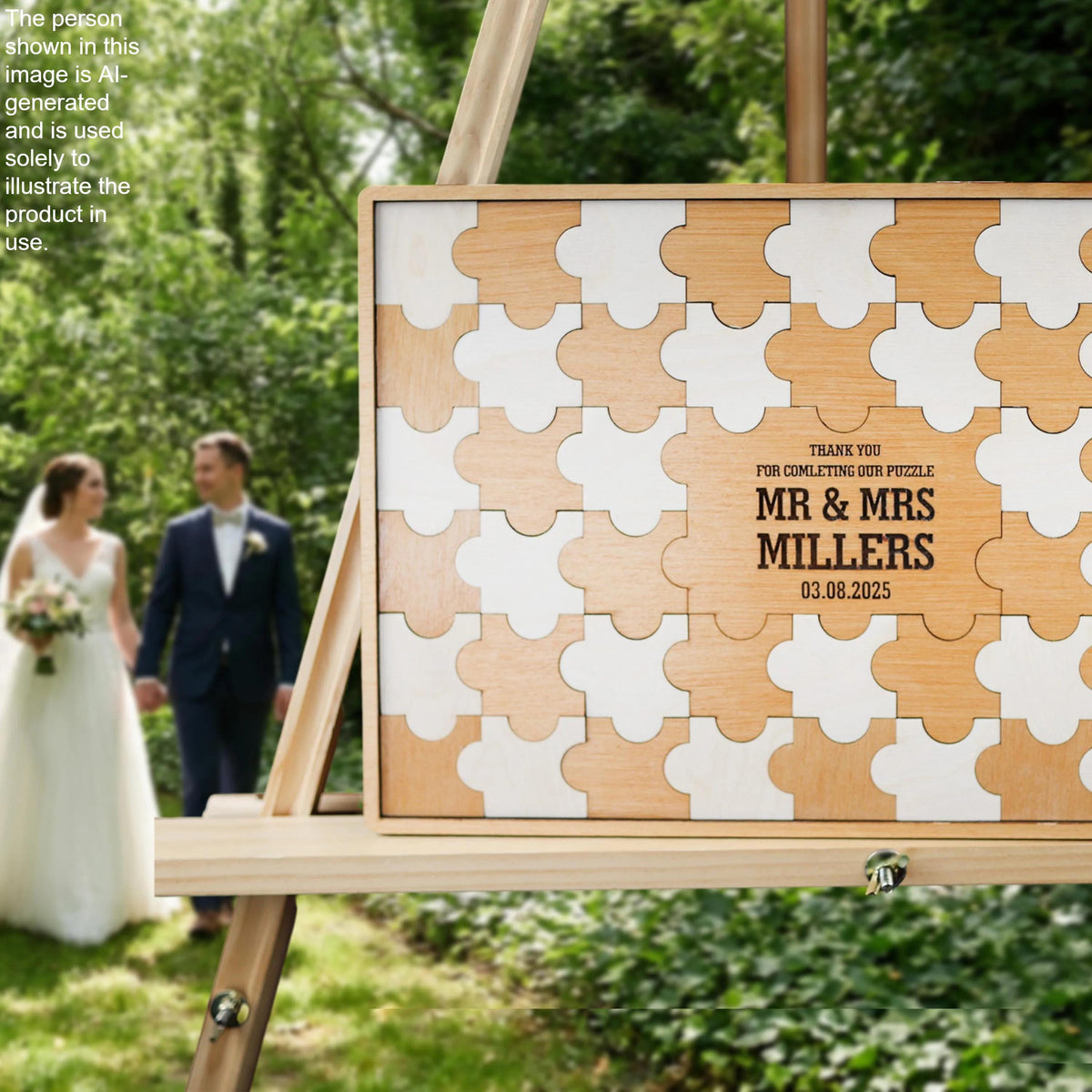 A wooden puzzle box with a message for a couple, and a bride and groom standing in a garden.