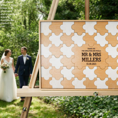 A wooden puzzle box with a message for a couple, and a bride and groom standing in a garden.