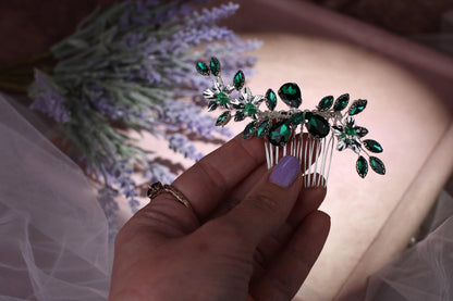 Emerald Crystal Wedding Hair Comb, Silver Floral Bridal Hairpiece