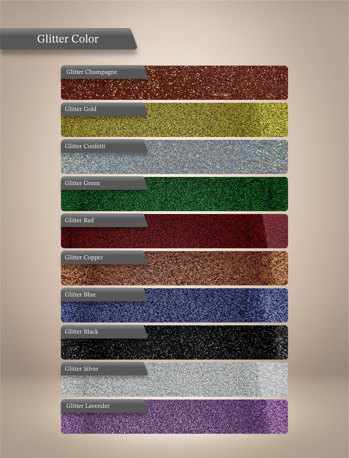 a collection of glitter colors, including Champagne, Gold, Confetti, Green, Red, Copper, Blue, Black, Silver, and Lavender.