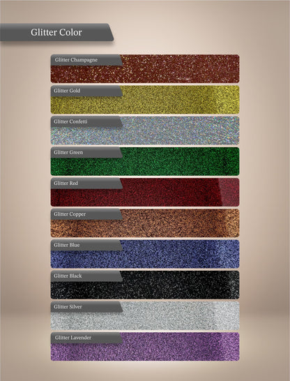 a collection of glitter colors, including Champagne, Gold, Confetti, Green, Red, Copper, Blue, Black, Silver, and Lavender.