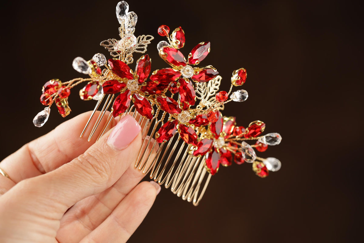 Red Crystal Floral Bridal Hair Comb, Gold Rhinestone Wedding Hairpiece