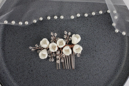 White Flower Bridal Hair Comb, Rose Gold Crystal Wedding Hairpiece, 6 Inch