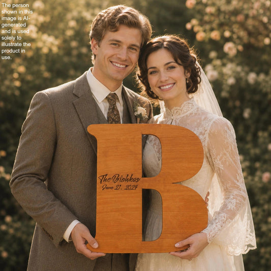 A happy couple, dressed in formal attire, smiling and holding a large wooden letter 'B' with the text "The Bishes" and "June 21, 2029" written on it.