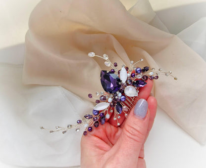 Purple Crystal Bridal Hair Comb, Opal Wedding Hairpiece, 6 Inch