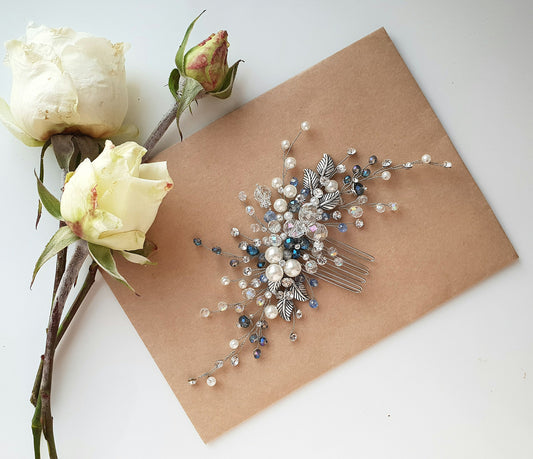 Handmade Crystal Bridal Hair Comb: Something Blue Wedding Accessory