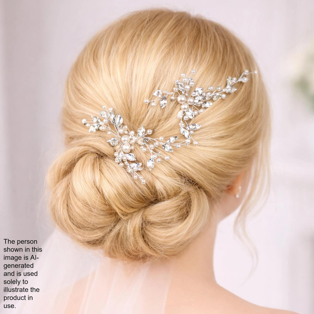 A close-up view of a woman's blonde hair styled in an elegant updo, adorned with a decorative hair accessory.