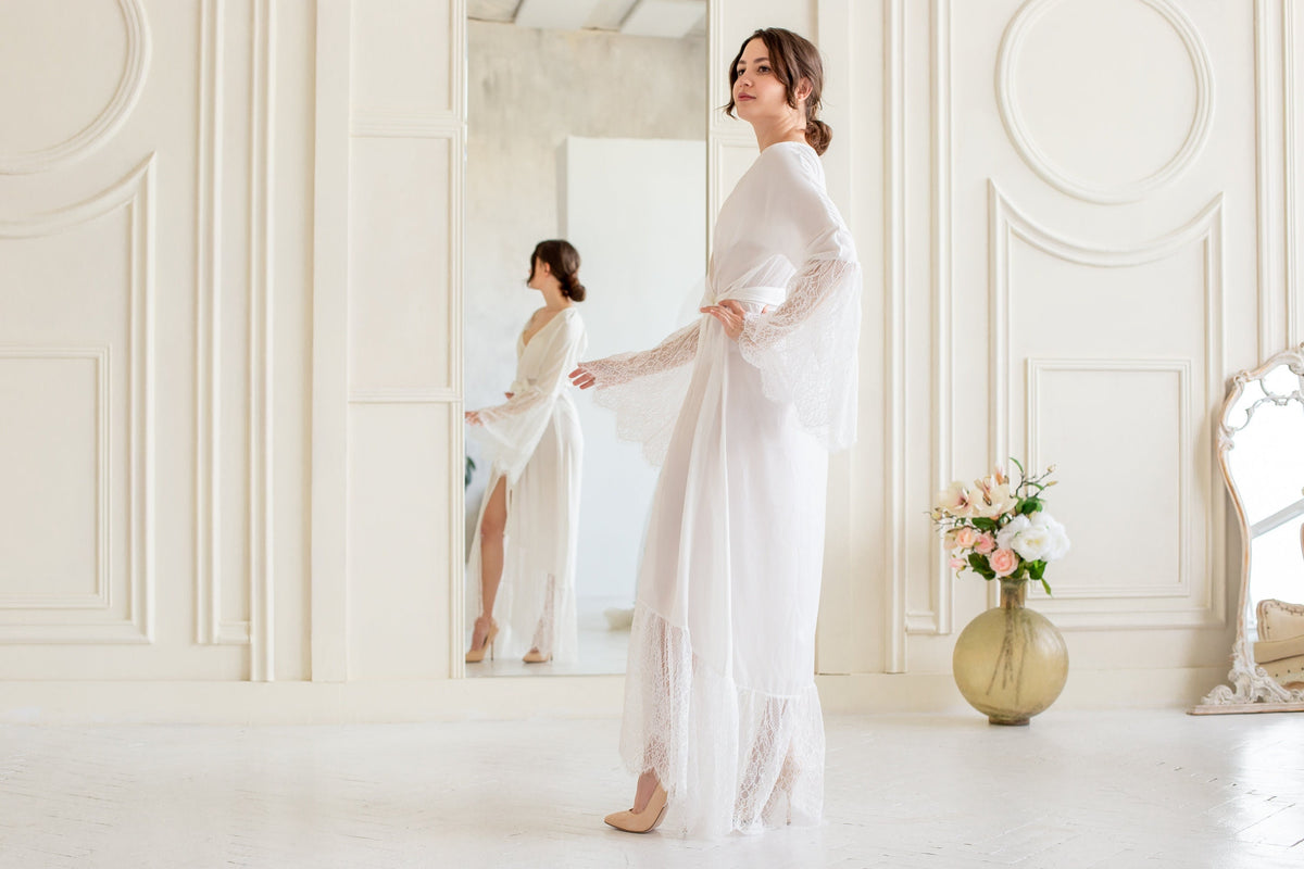 Long White Satin Bridal Robe, Lace Wedding Kimono, Elegant Bride Getting Ready Outfit
