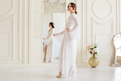 Long White Satin Bridal Robe, Lace Wedding Kimono, Elegant Bride Getting Ready Outfit