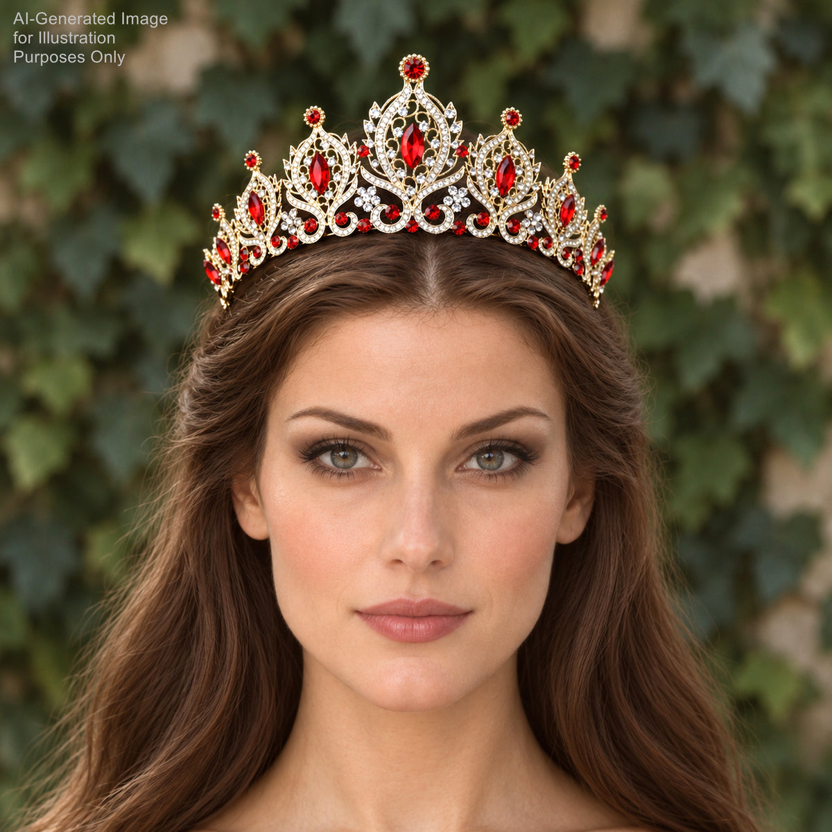 A woman with long brown hair wearing a gold and red ornate tiara with red gemstones.