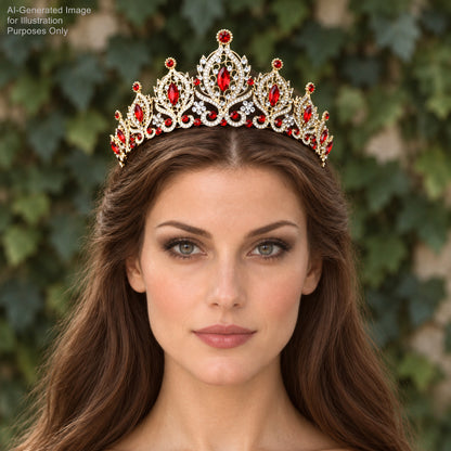 A woman with long brown hair wearing a gold and red ornate tiara with red gemstones.
