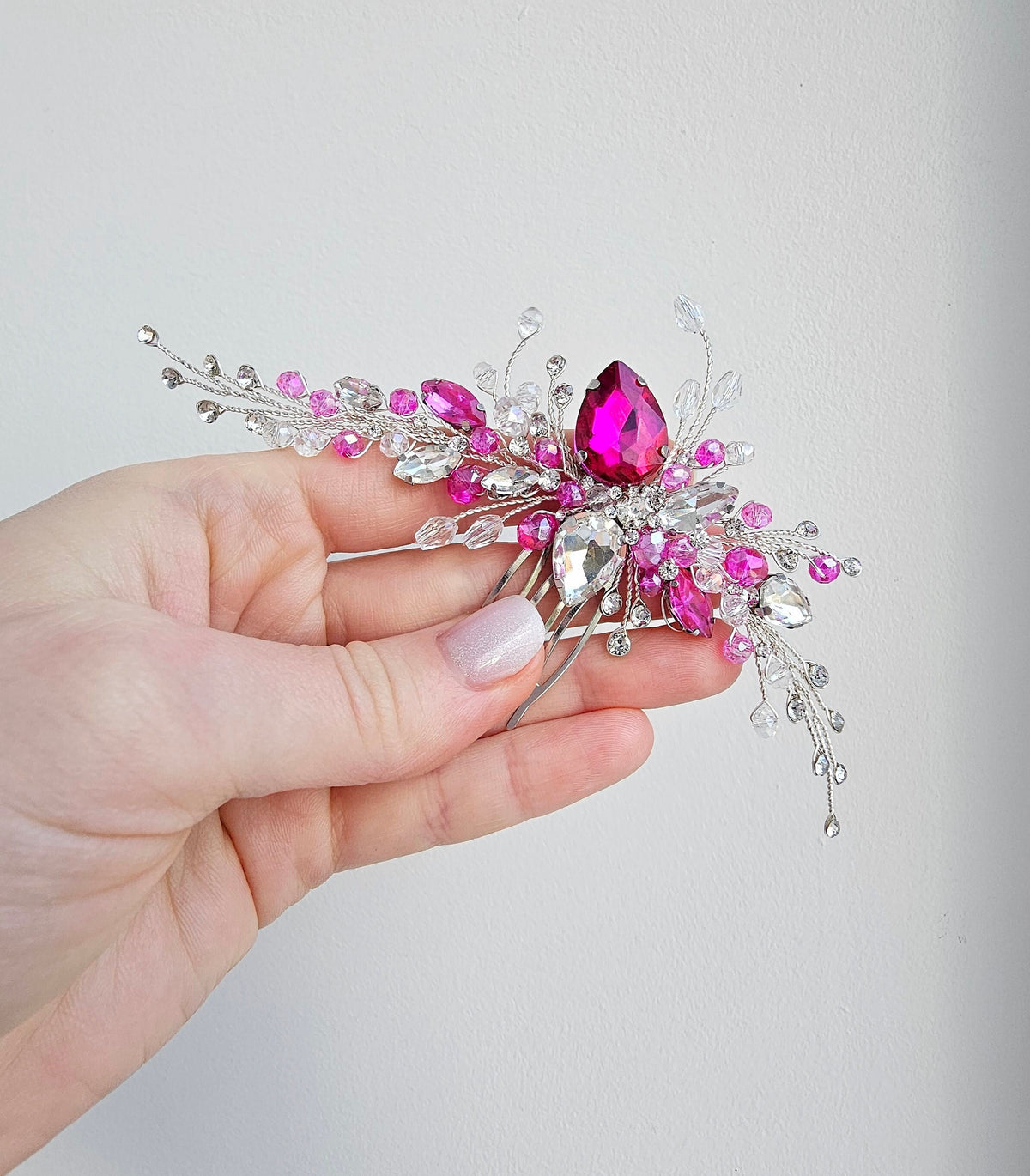 Fuchsia Crystal Wedding Hair Comb, Silver Bridal Hairpiece, 6 Inch
