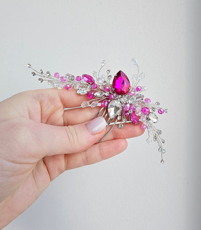 Fuchsia Crystal Wedding Hair Comb, Silver Bridal Hairpiece, 6 Inch