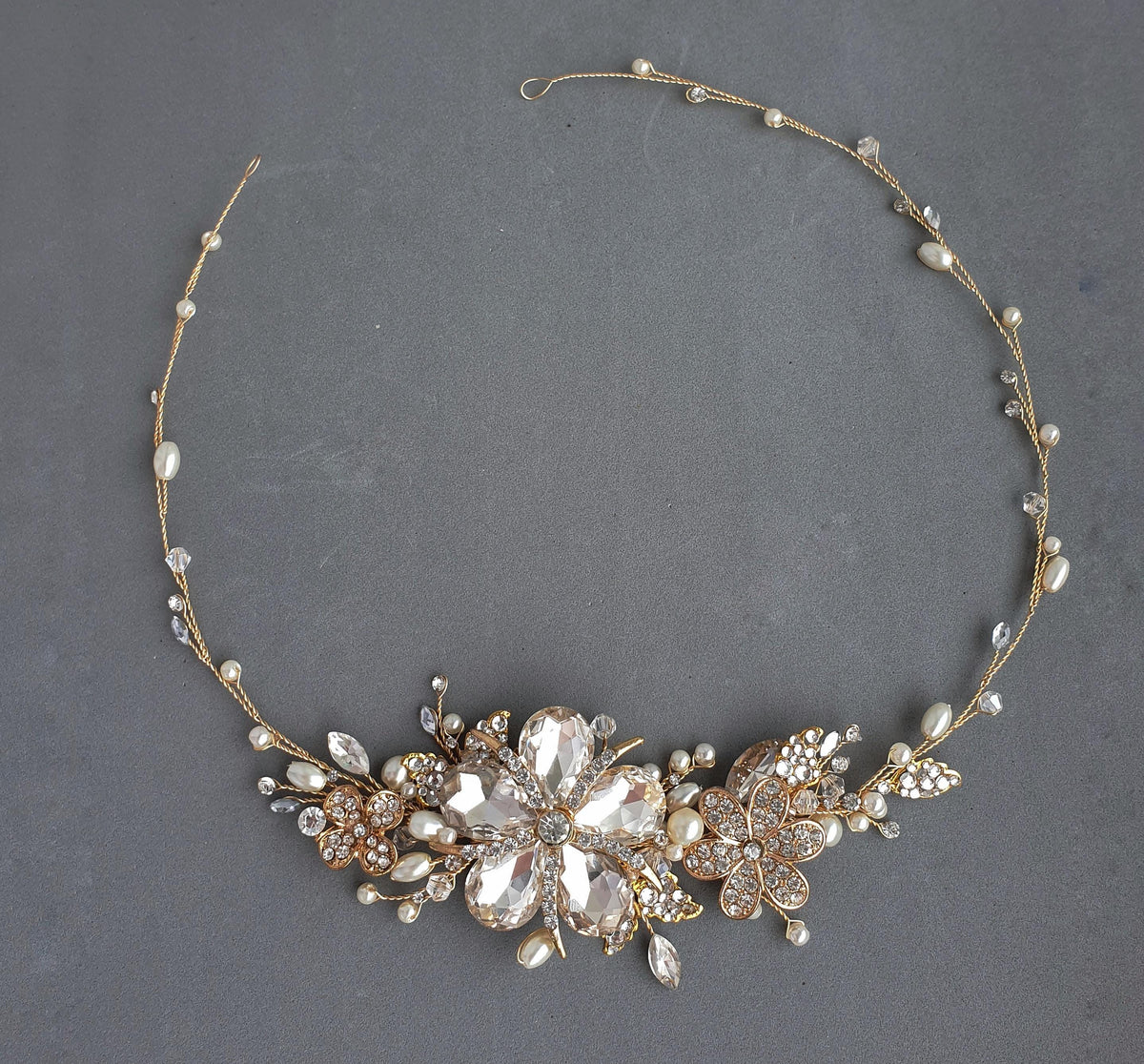 Gold Flower Bridal Hair Vine: Pearl & Crystal Wedding Headpiece