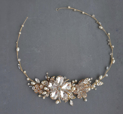 Gold Flower Bridal Hair Vine: Pearl & Crystal Wedding Headpiece