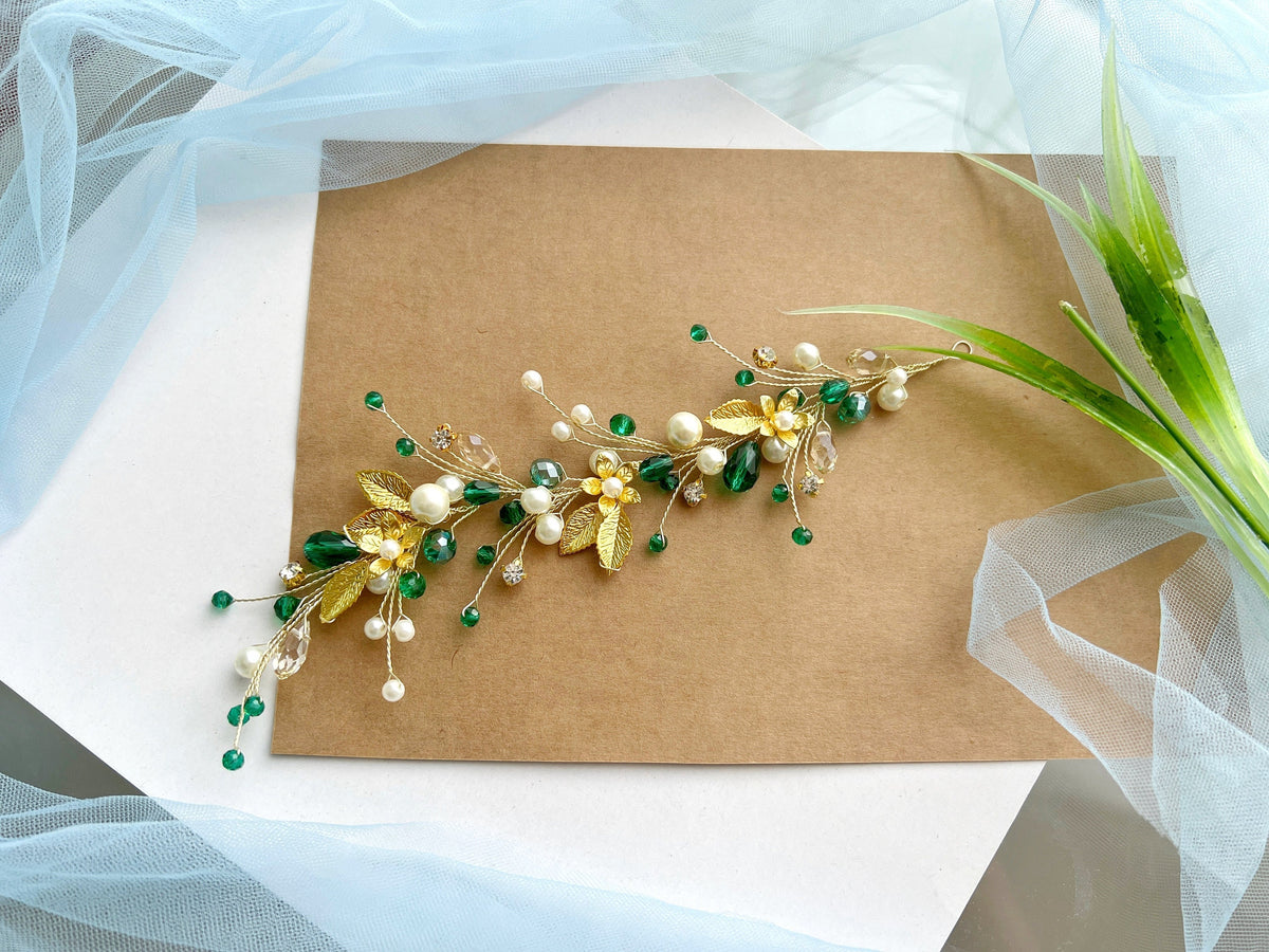 Custom order for Katherine - Handmade Gold Flower Emerald Crystal Bridal Hair Vine